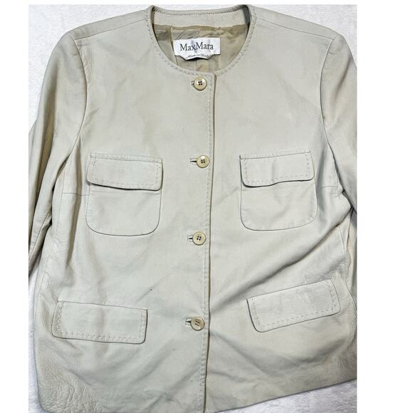 Max Mara Studio Beige Leather Jacket Quiet Luxury Minimalist Sz 10 Made In Italy - Picture 1 of 10